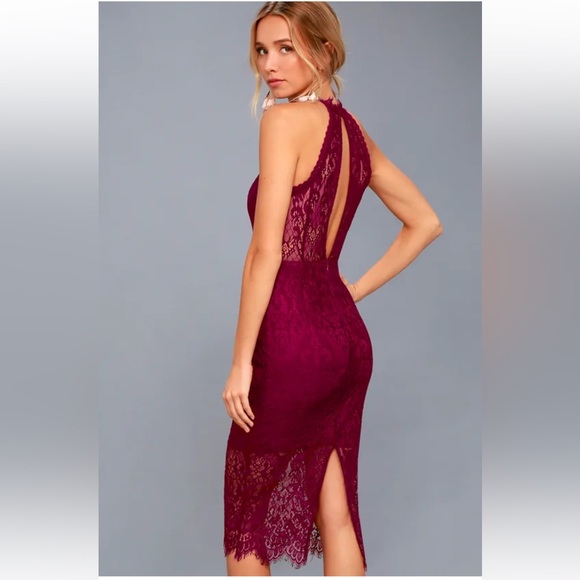 Kiss Me at Midnight Magenta Lace Halter Bodycon Midi Dress - Picture 4 of 7